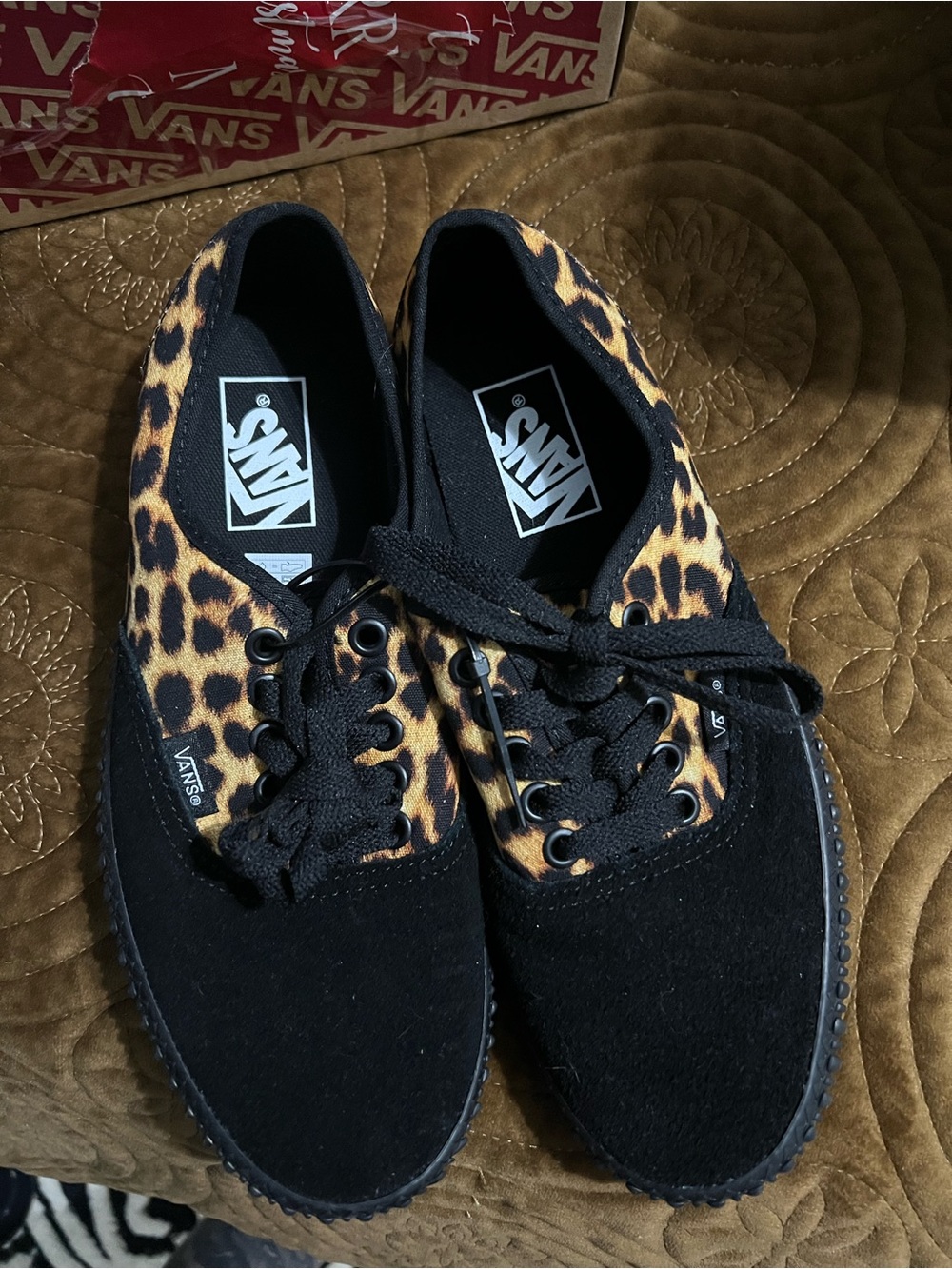 Vans Leopard Print and Black Low-Top Sneakers
